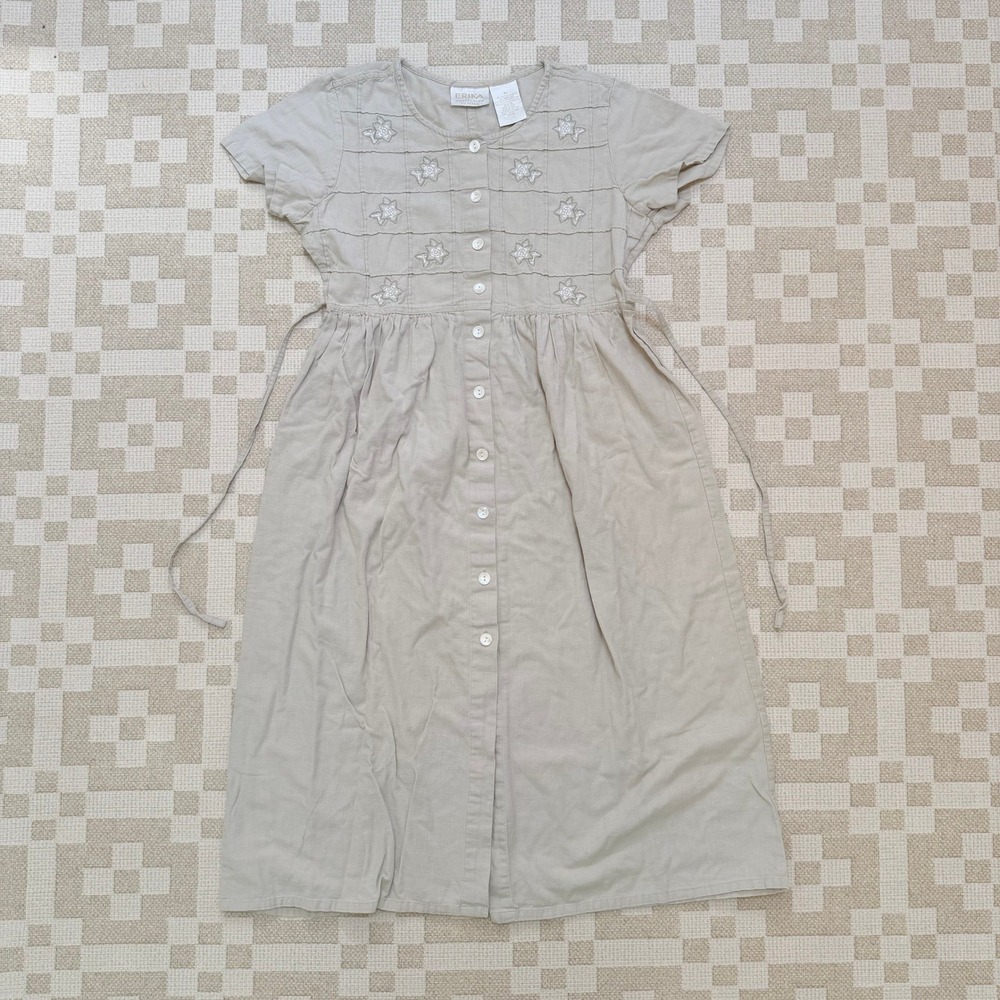 Vintage 90s Erika Collection Petite Cotton Linen Embroidered Front Midi Dress PL
